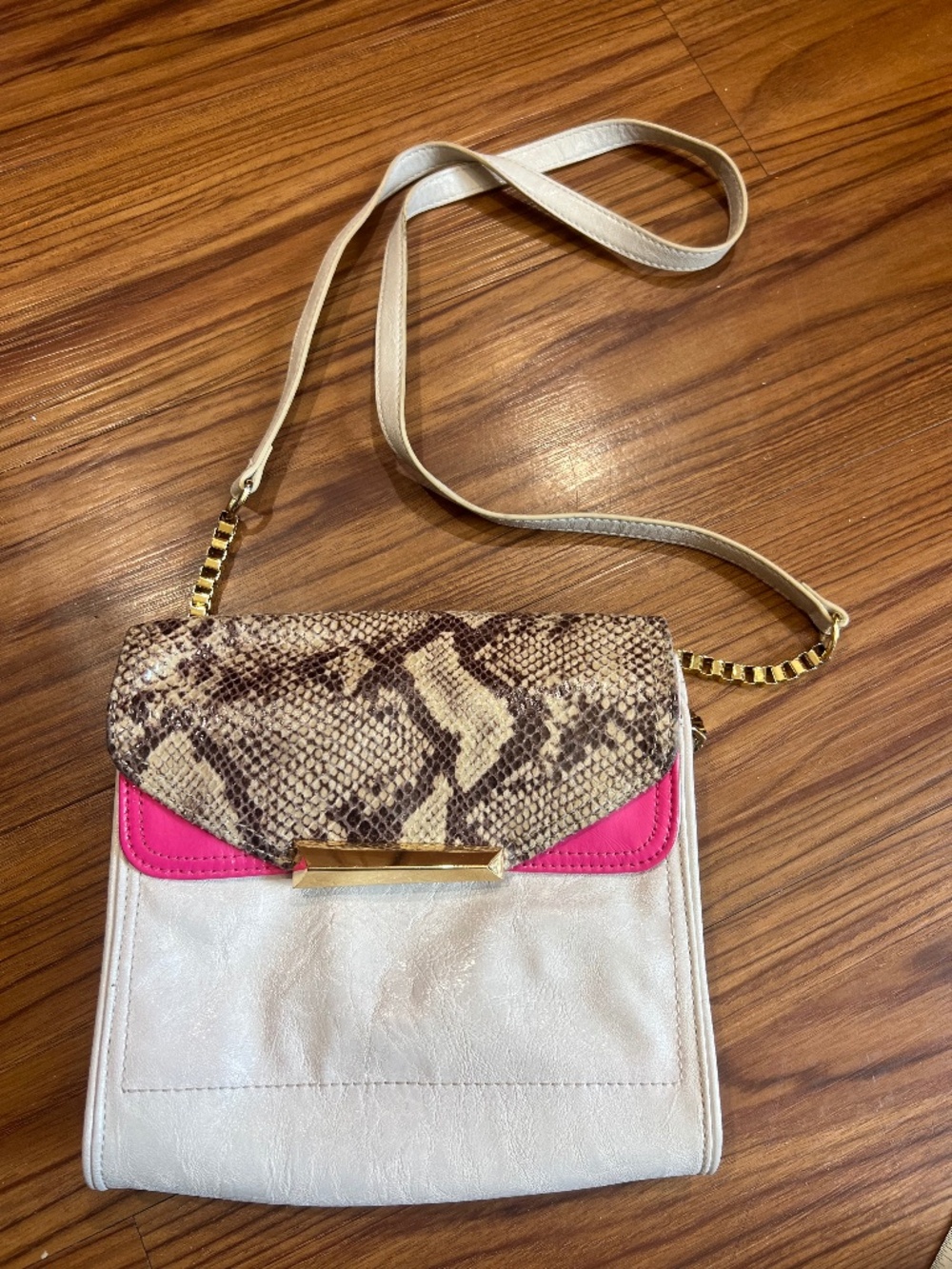 Gianni Bini Snakeskin Print and Pink Leather Crossbody Bag